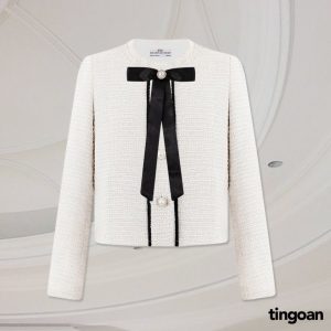 TINGOAN® – Áo khoác vải tuýt trăng viền tua rua cổ FORGET ME NOT JACKET/WH (gắn kèm nơ cài áo đuôi dài GỌI TÔI ANGEL BROOCH)