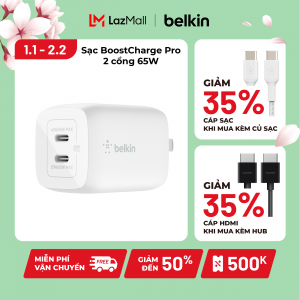 Sạc nhanh BOOST↑CHARGE PRO GaN Belkin 65W – 2 cổng USB-C PD 3.0 PPS WCH013 (tương thích iPhone 15)