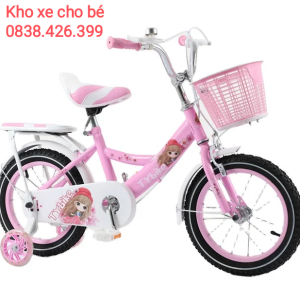 Xe đạp công chúa 4 bánh cho bé JINHU khung vành có đệm đệm da đủ size 12/14/16 cho bé 2-8t, hồng Blackpink