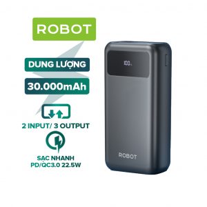 Pin dự phòng Robot RT32 dung lượng cao 30000mAh sạc nhanh 22.5W cục sạc dự phòng chuẩn Quick charge 3.0 PD pin khủng đèn led hiển thị mức pin hỗ trợ Type-C iphone 2 cổng sạc vào 3 cổng sạc ra